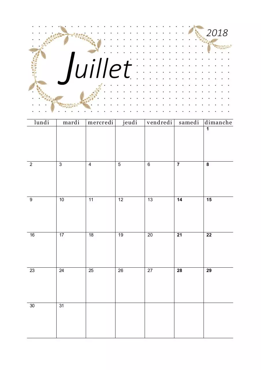 Page 1 of 1, 07 calendrier juillet 2018 feuilles a5 portrait