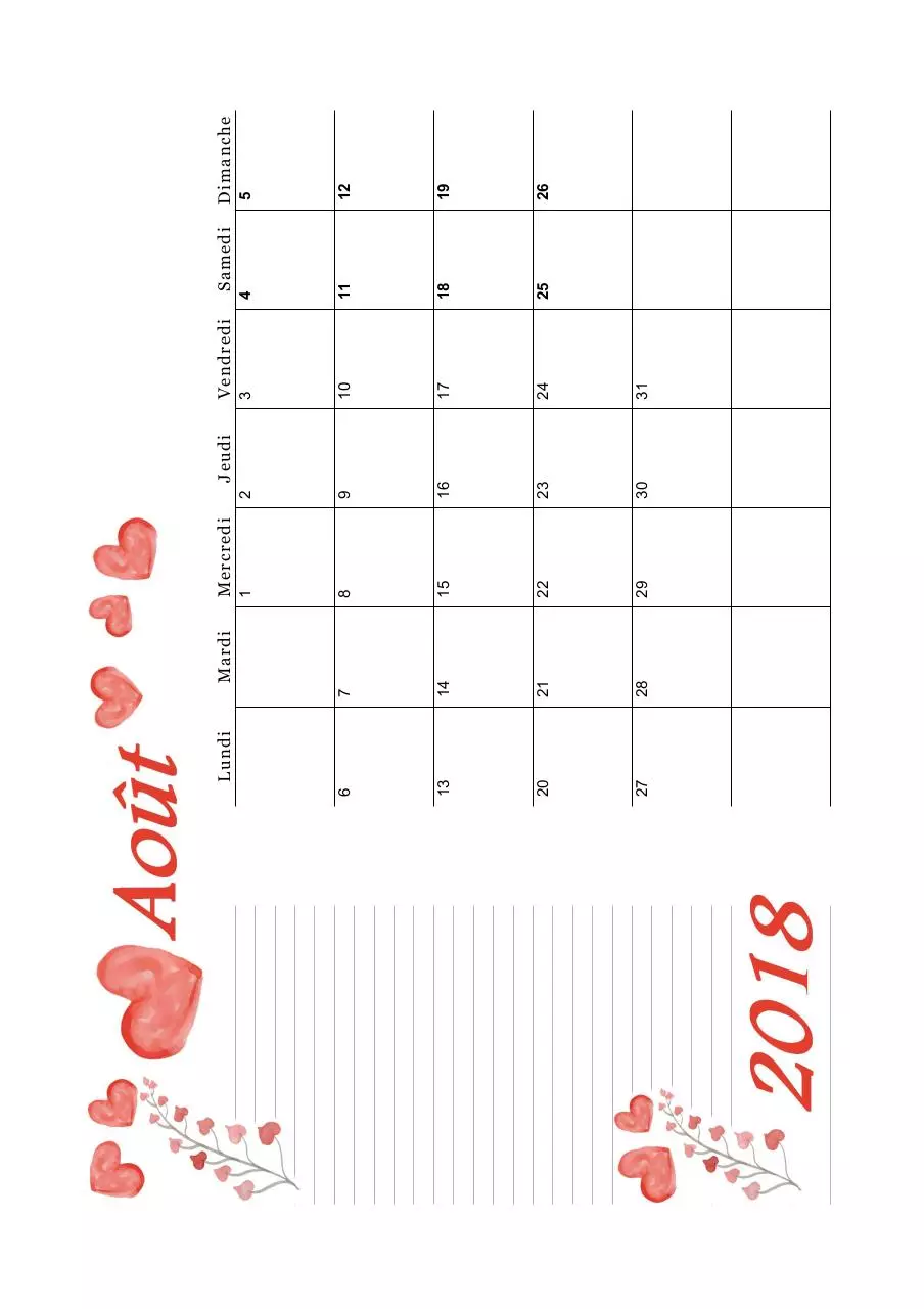 Page 1 of 1, 08 calendrier aout 2018 aquarelle a5 paysage recettesbox