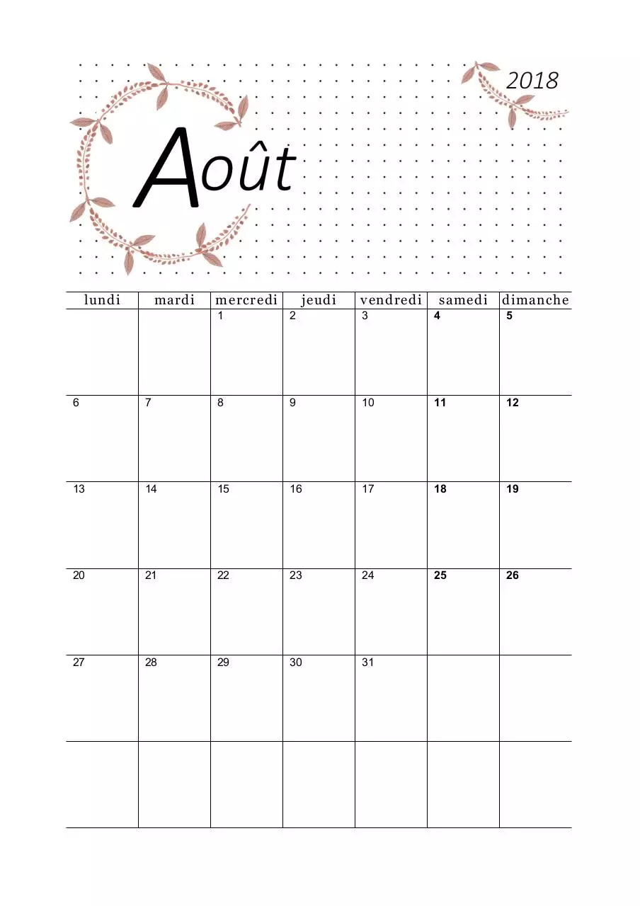 Page 1 of 1, 08 calendrier aout 2018 feuilles a5 portrait