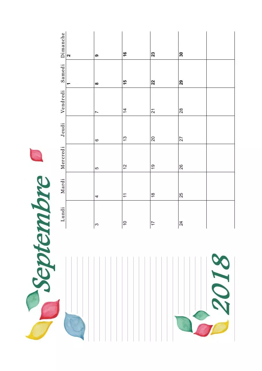 Page 1 of 1, 09 calendrier septembre 2018 aquarelle a5 paysage