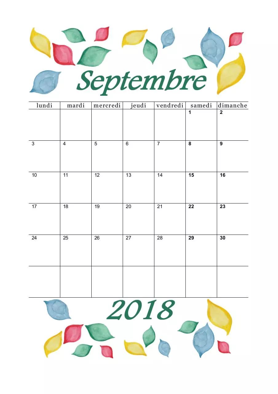 Page 1 of 1, 09 calendrier septembre 2018 aquarelle a5 portrait