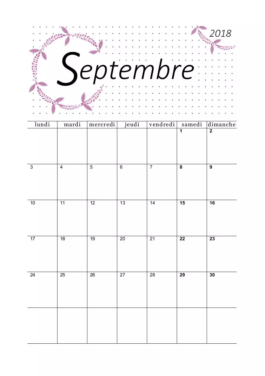 Page 1 of 1, 09 calendrier septembre 2018 feuilles a5 portrait