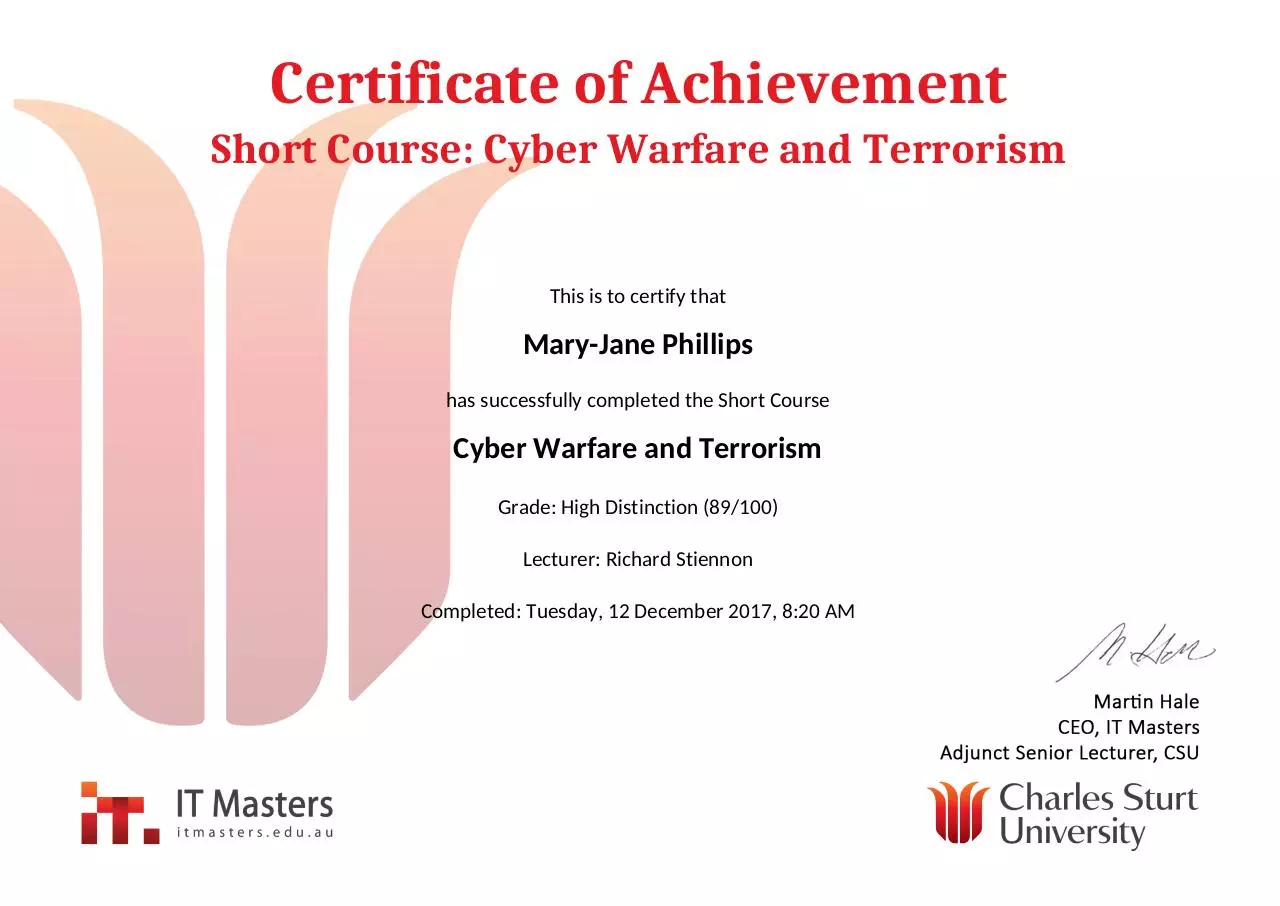 Document preview - Cyber Warfare and Terrorism_Certificate of Achievement.pdf - Page 1/1