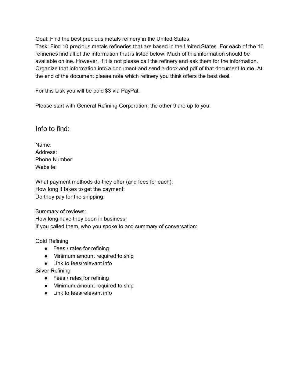 Page 1 of 1, Task Research Gold Refineries