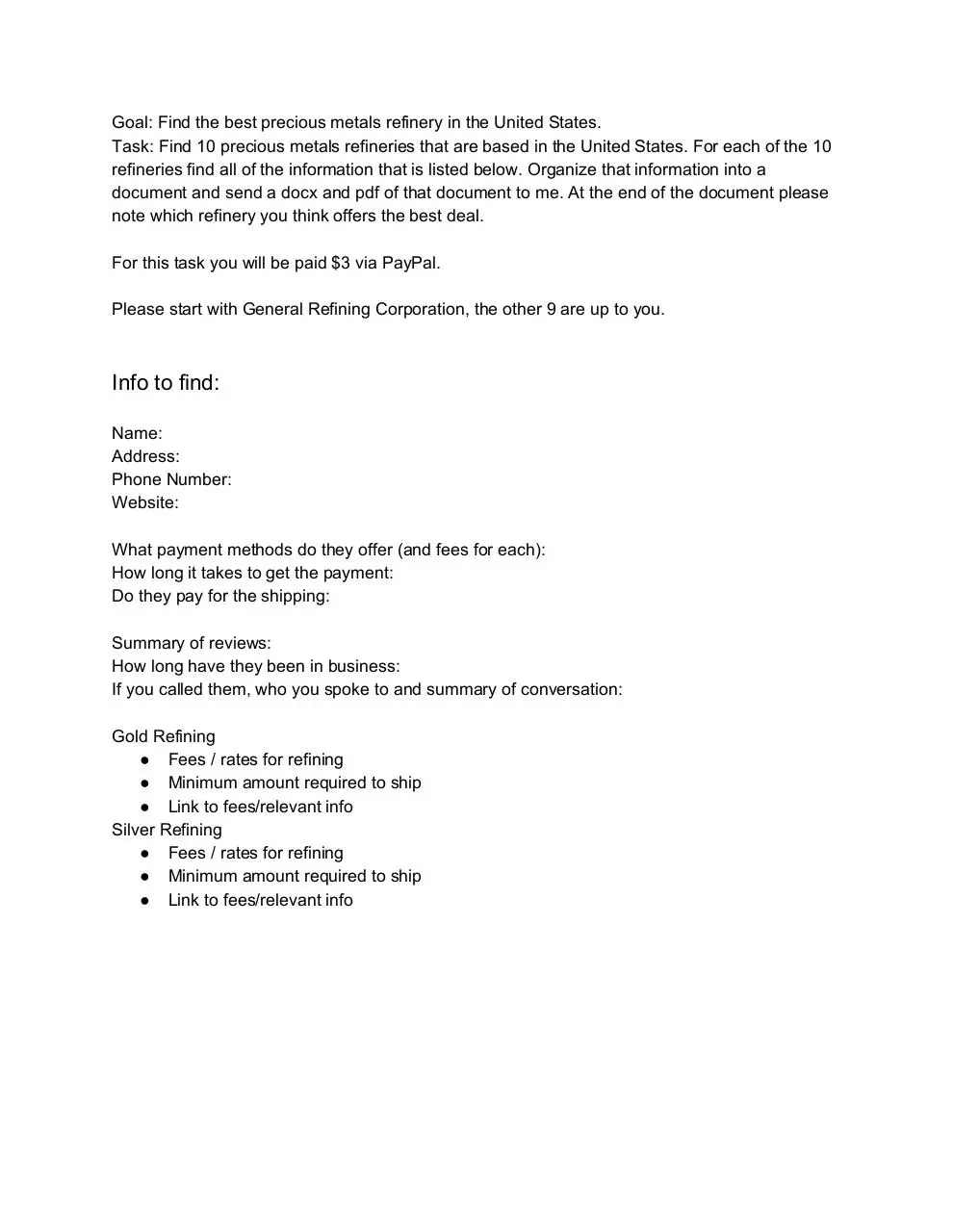 Page 1 of 1, Task Research Gold Refineries