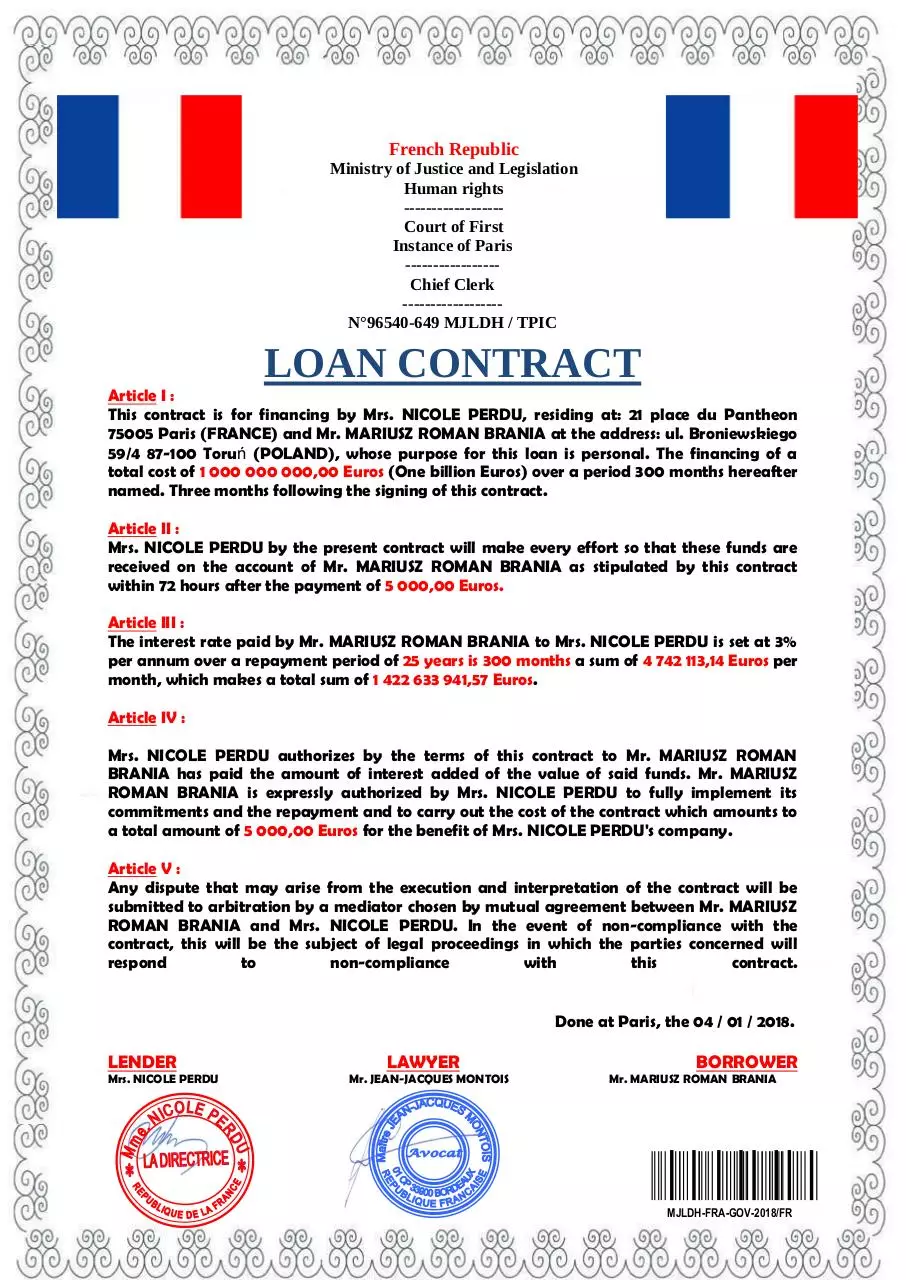 Document preview - LOAN CONTRACT OF MR. MARIUSZ ROMAN BRANIA (1).pdf - Page 1/1