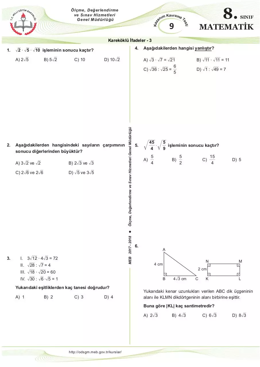 Page 1 of 2, 9) Kareköklü Ä°fadeler