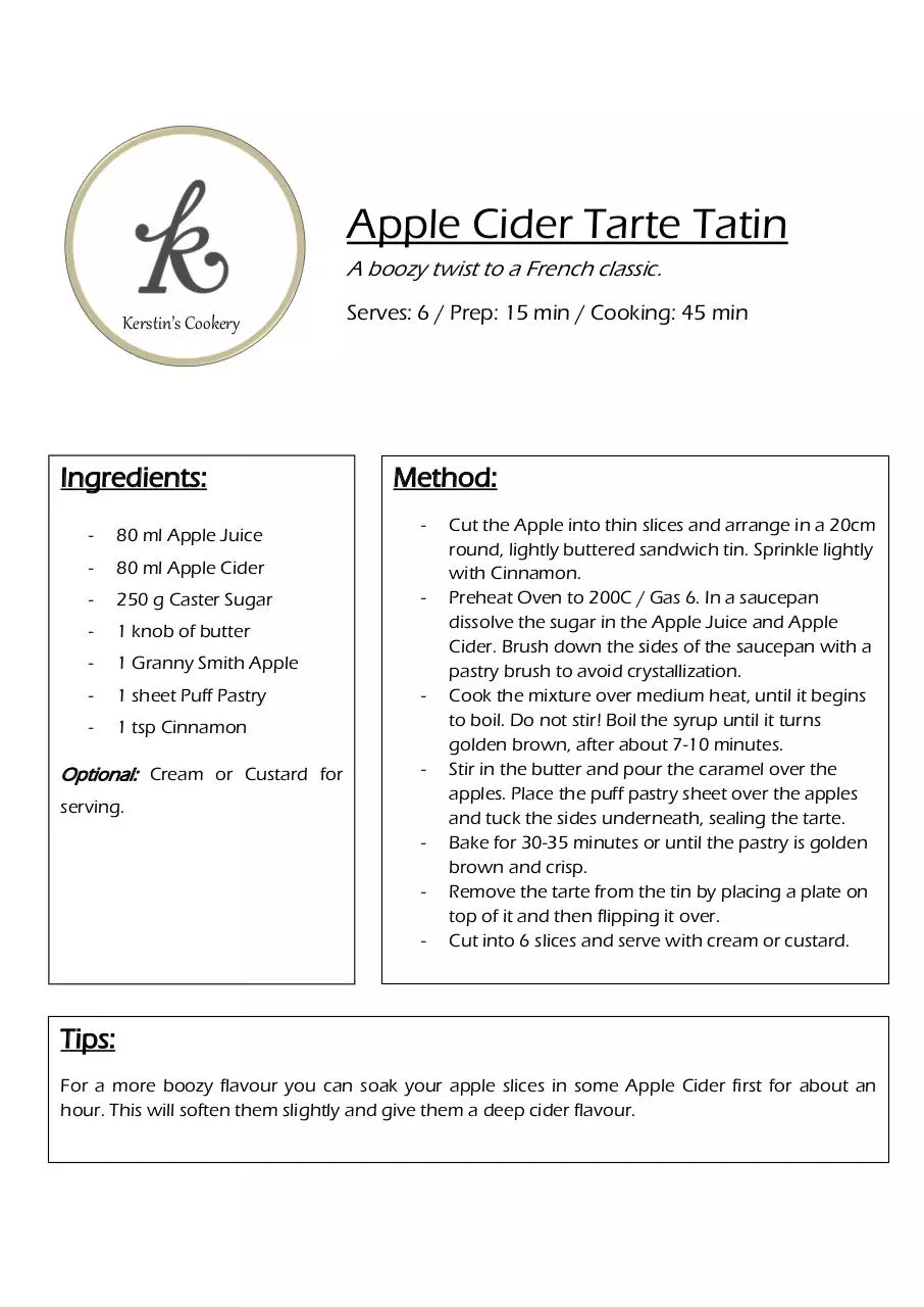 Document preview - Recipe Apple Cider Tarte Tatin.pdf - Page 1/1