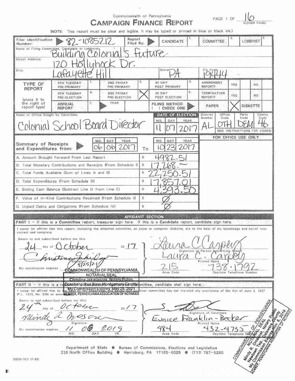 Page 1 of 16, BCF Campaign Finance Filing 10.27.2017