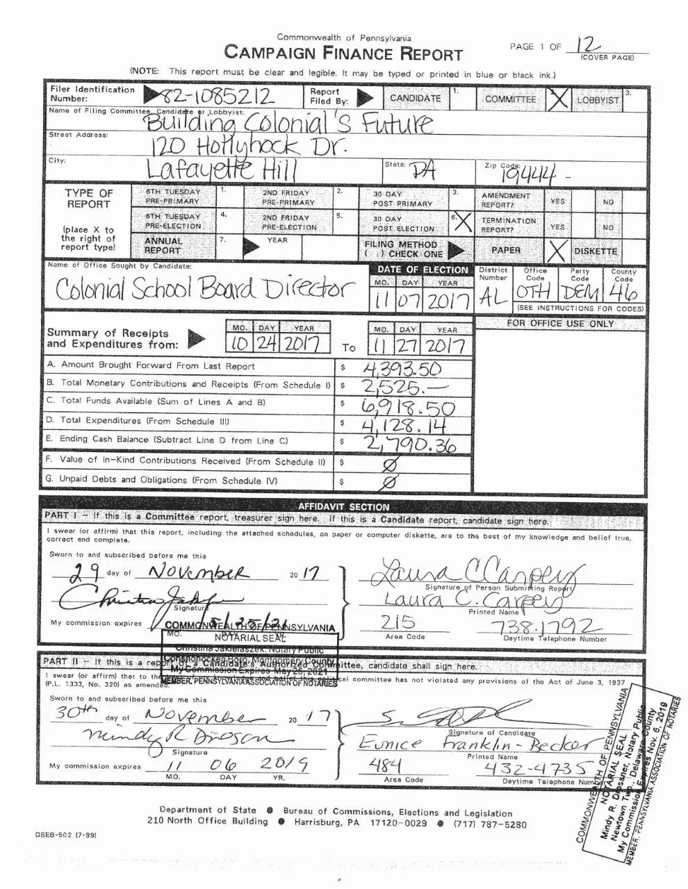 Page 1 of 12, BCF Campaign Finance Filing 12.7.2017