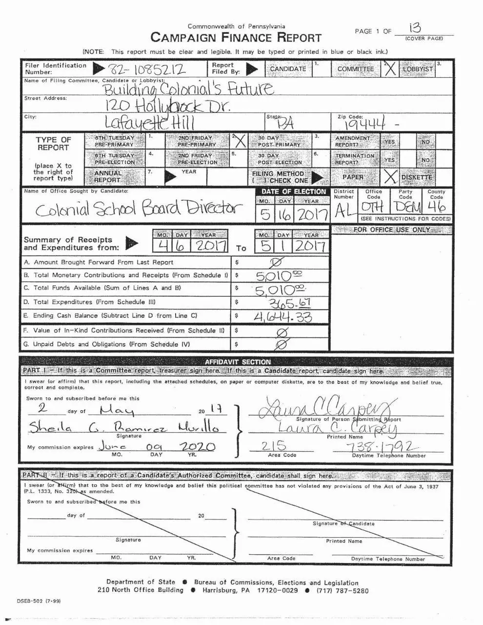 Page 1 of 14, BCF Campaign Finance Report 5.5.2017
