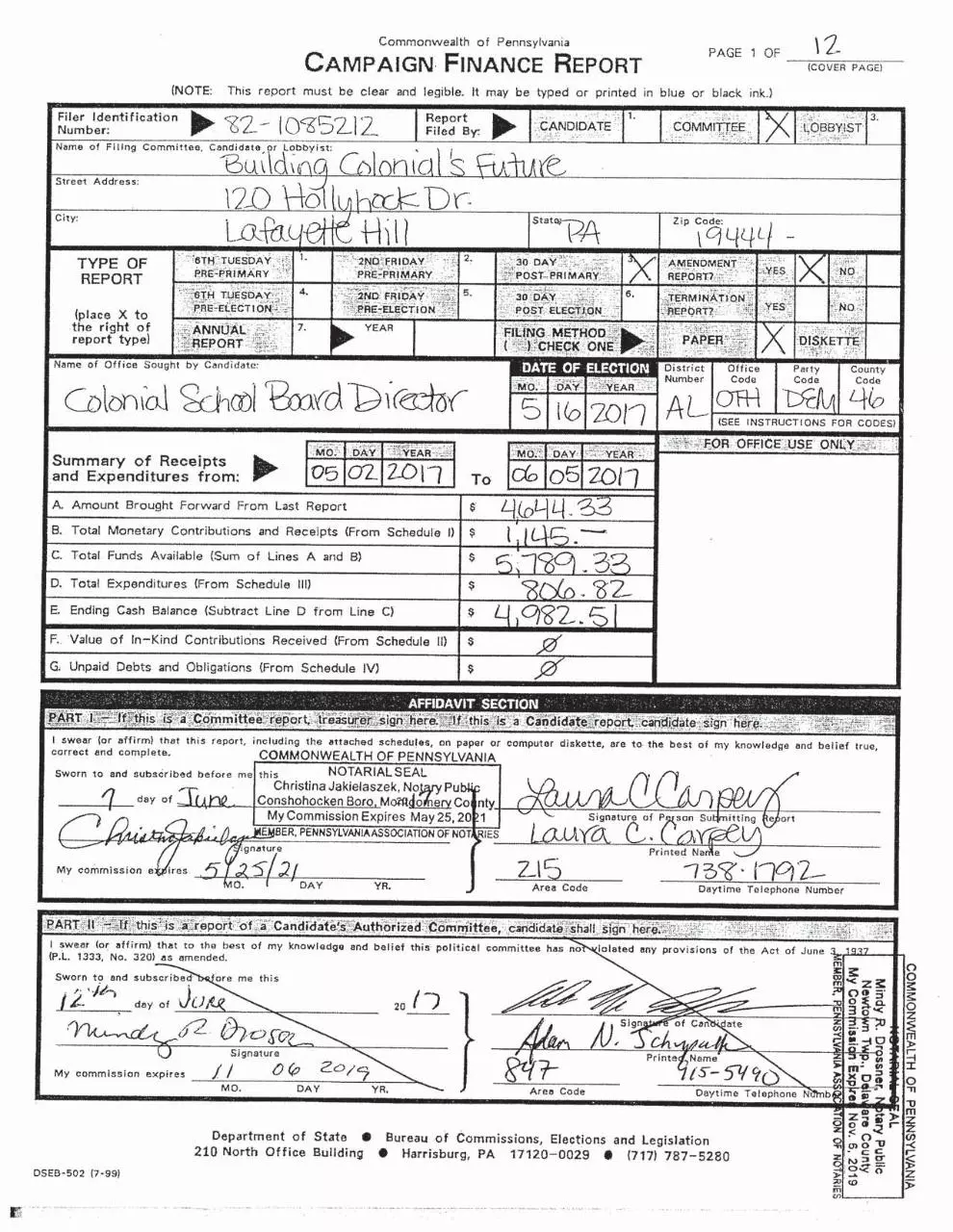 Page 1 of 12, BCF Campaign Finance Report 6.15.2017