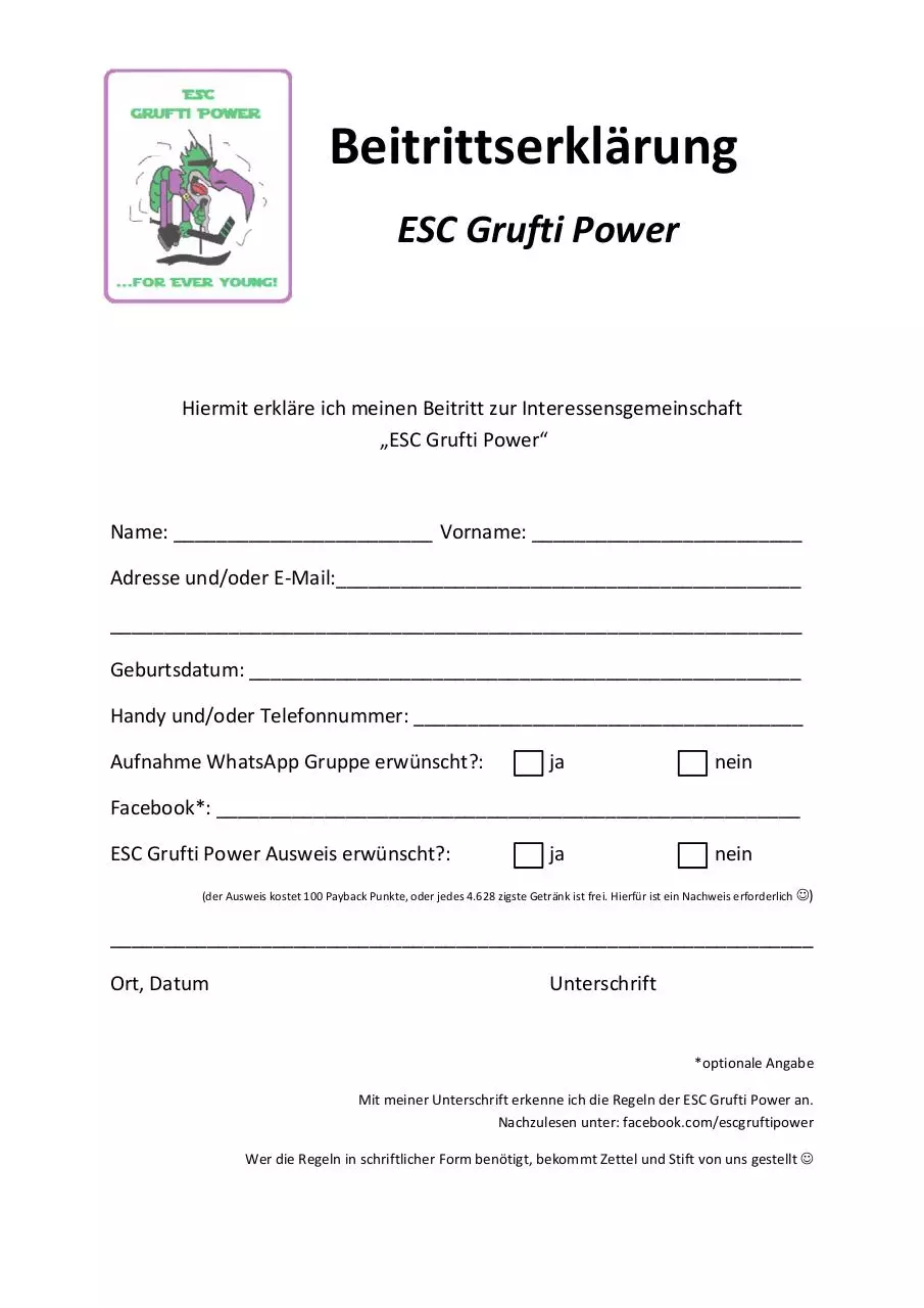 Page 1 of 1, Beitrittserklärung ESC Grufti Power