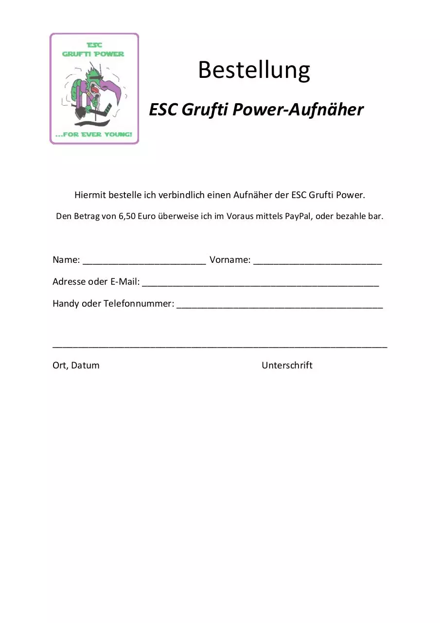 Page 1 of 1, Bestellformular Aufnäher ESC Grufti Power