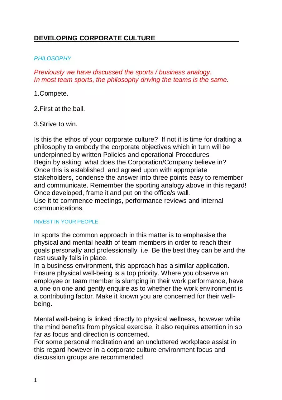 Page 1 of 3, DEVELOPING CORPORATE CULTURE