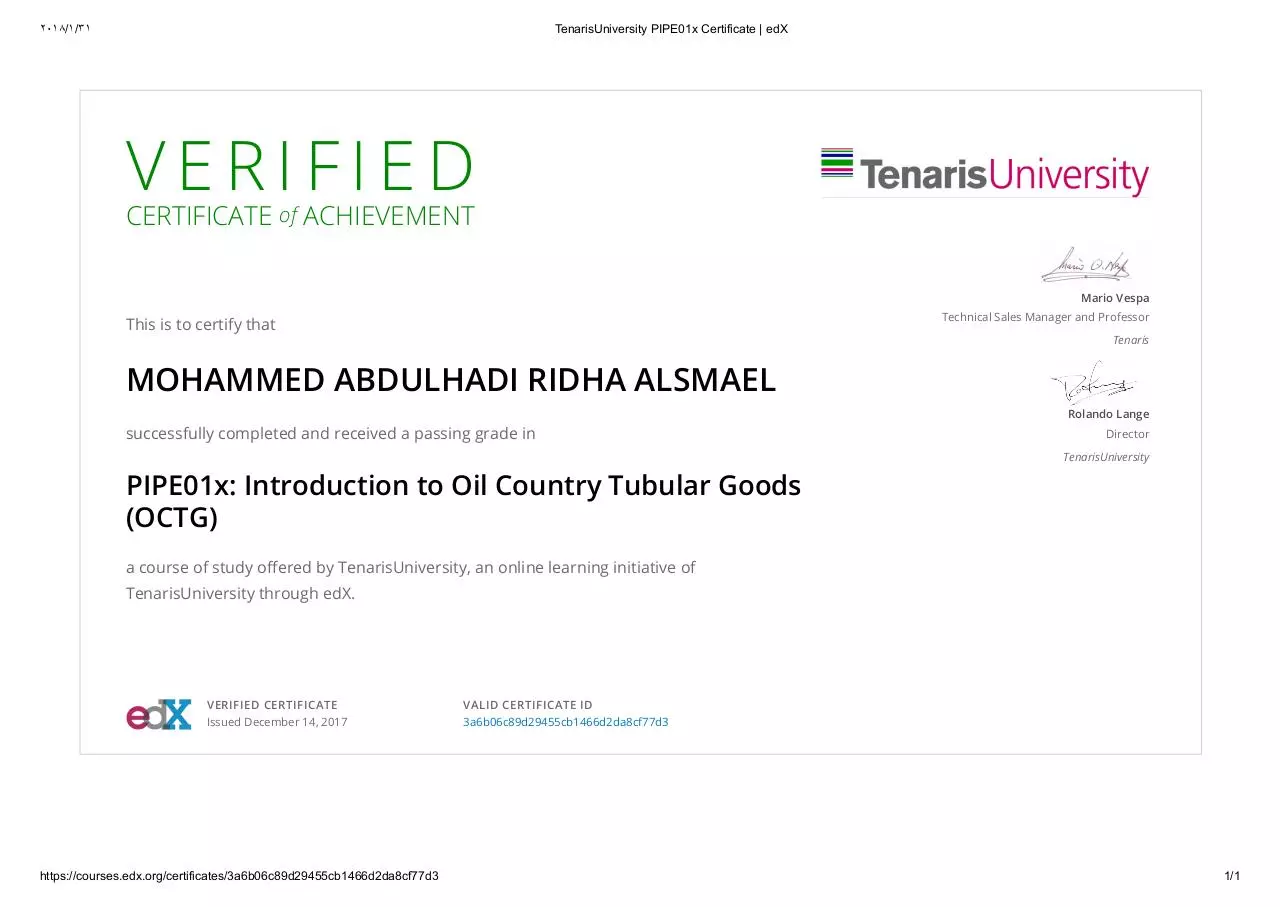 Page 1 of 1, TenarisUniversity PIPE01x Certificate edX