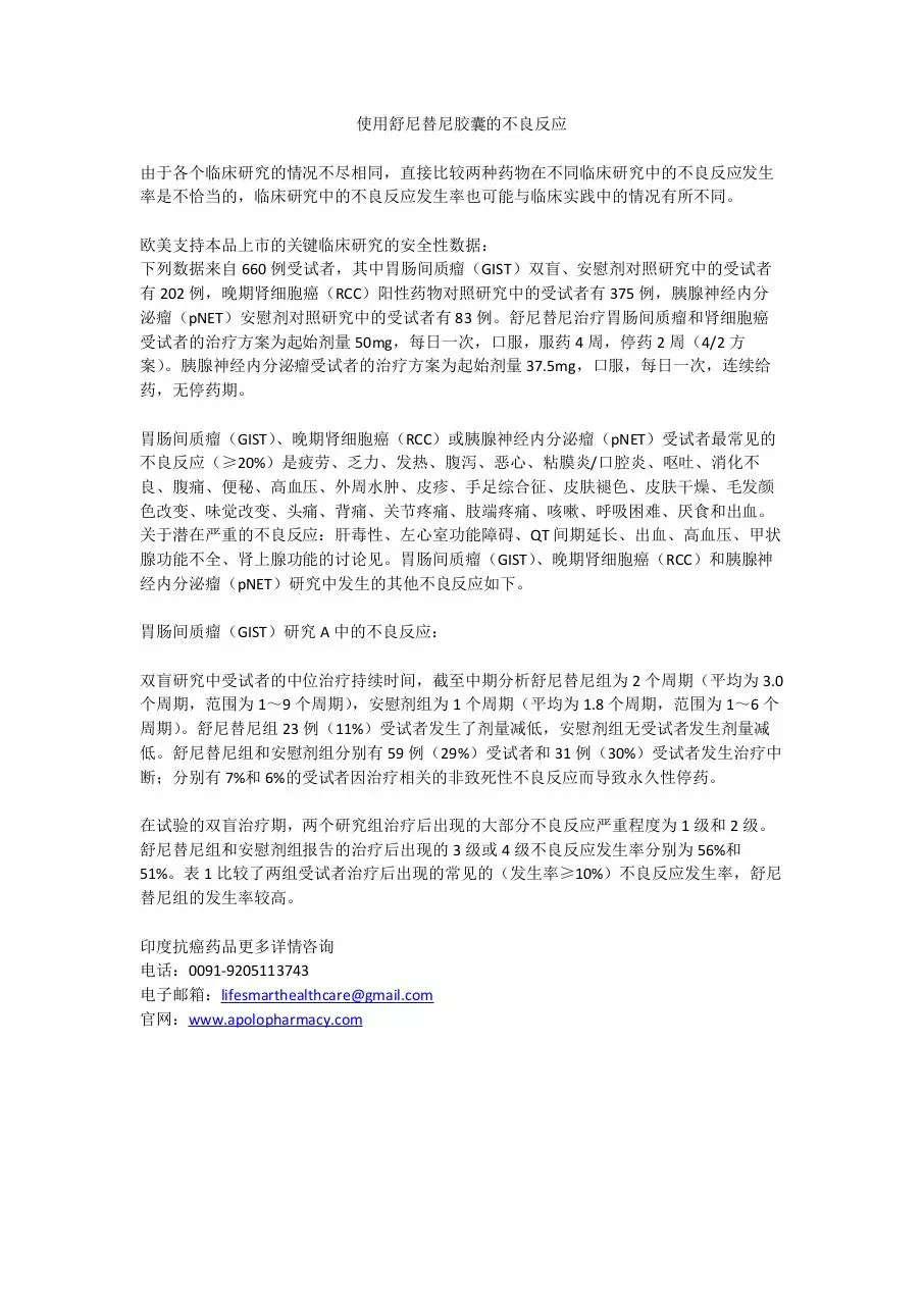 Page 1 of 1, 使用舒尼替尼胶囊的不良反应