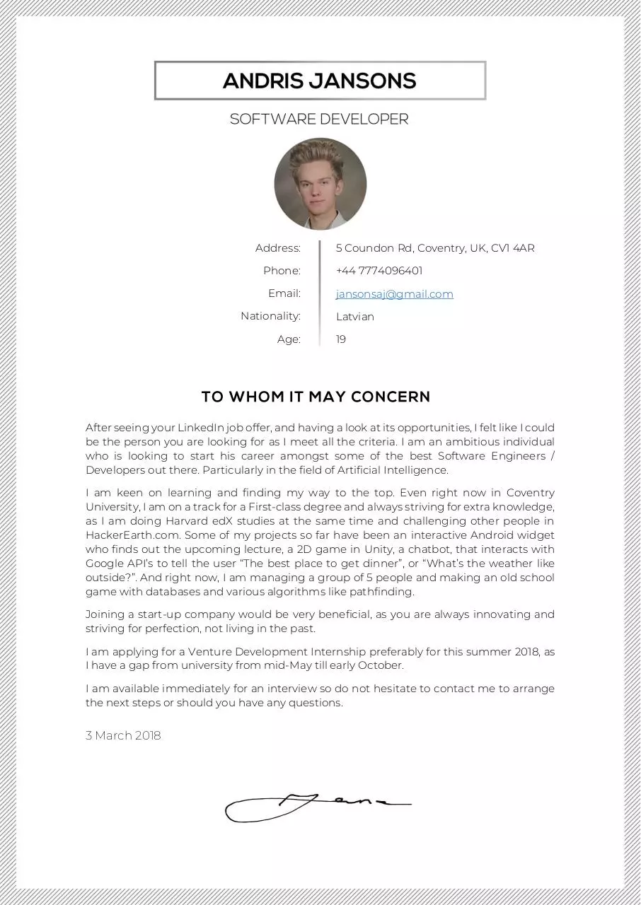 Page 1 of 1, Cover Letter Andris DISPERSE IO