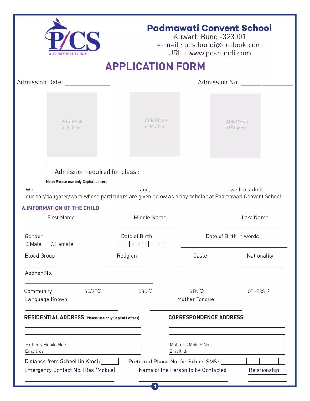 Page 1 of 4, Padmawati Convent School Admission Form
