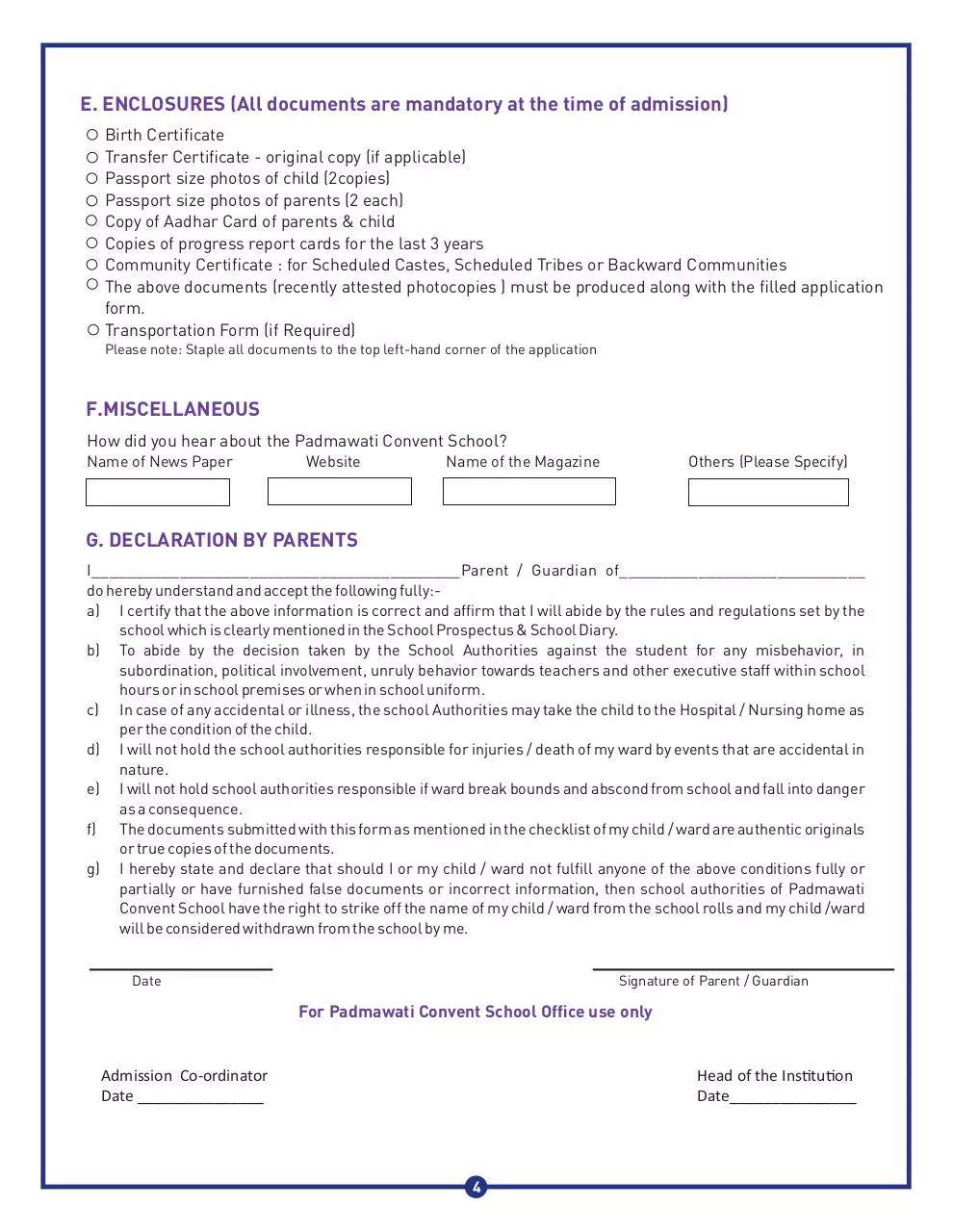Page 4 of 4, Padmawati Convent School Admission Form