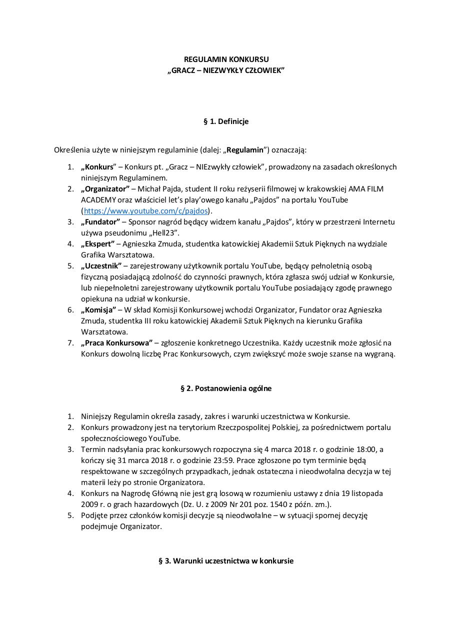 Document preview REGULAMIN KONKURSU - GRACZ NIEZWYKLY CZLOWIEK.pdf - page 1/3