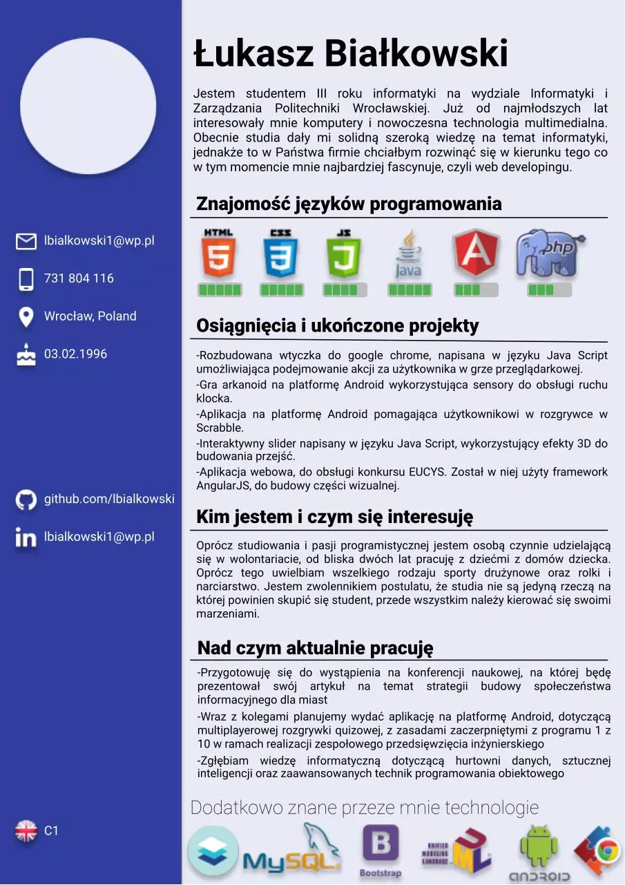 Page 1 of 1, cv Łukasz Białkowski