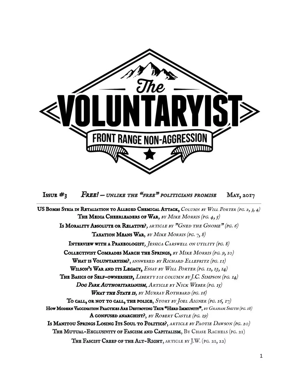 Page 1 of 22, The Front Range Voluntaryist Issue #3