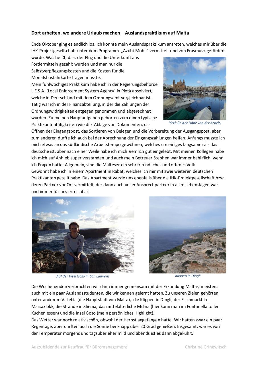 Document preview Erfahrungsbericht Auslandspraktikum Christine Grinewitsch.pdf - page 1/2