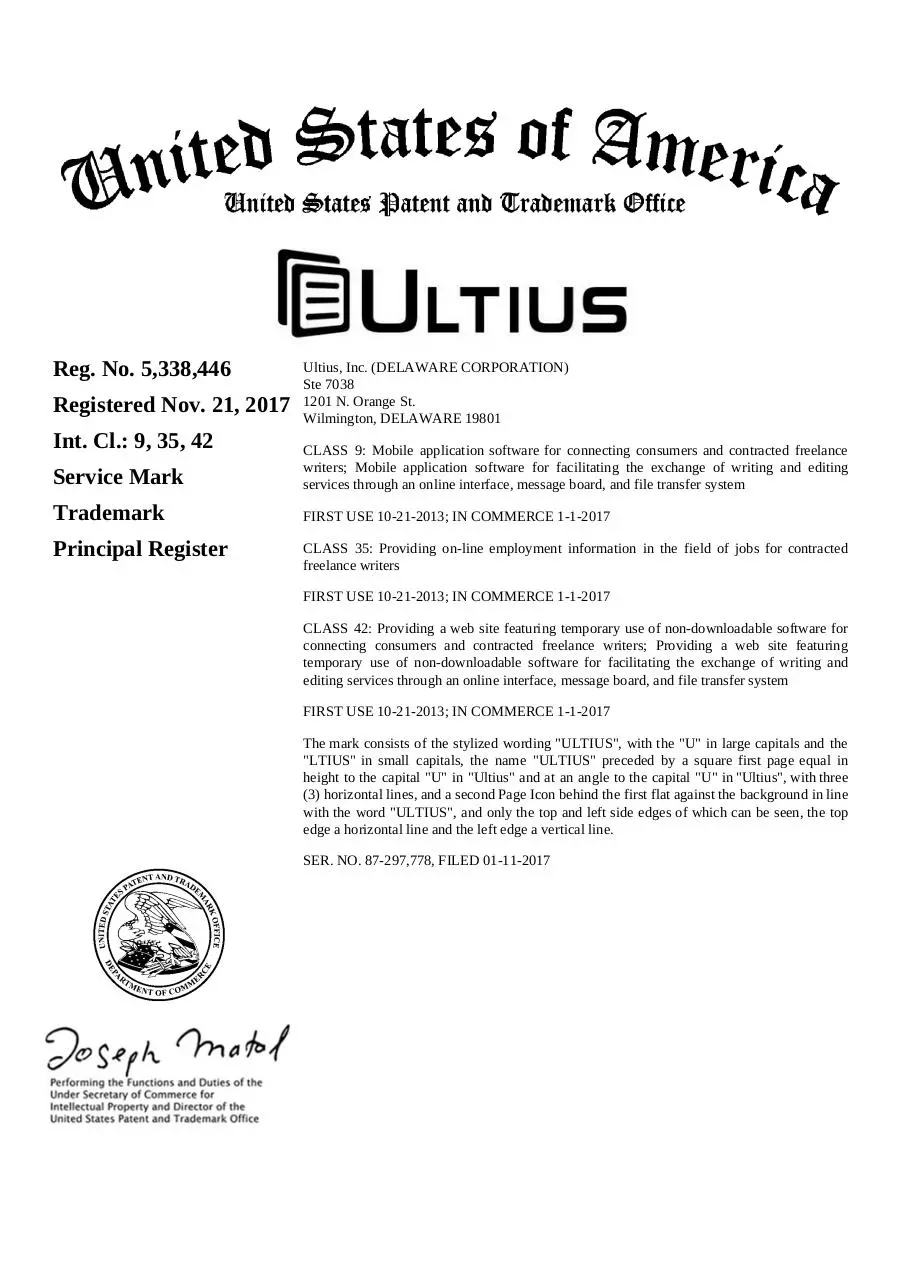 Page 1 of 1, Ultius Logo USPTO Filing 11 21 2017