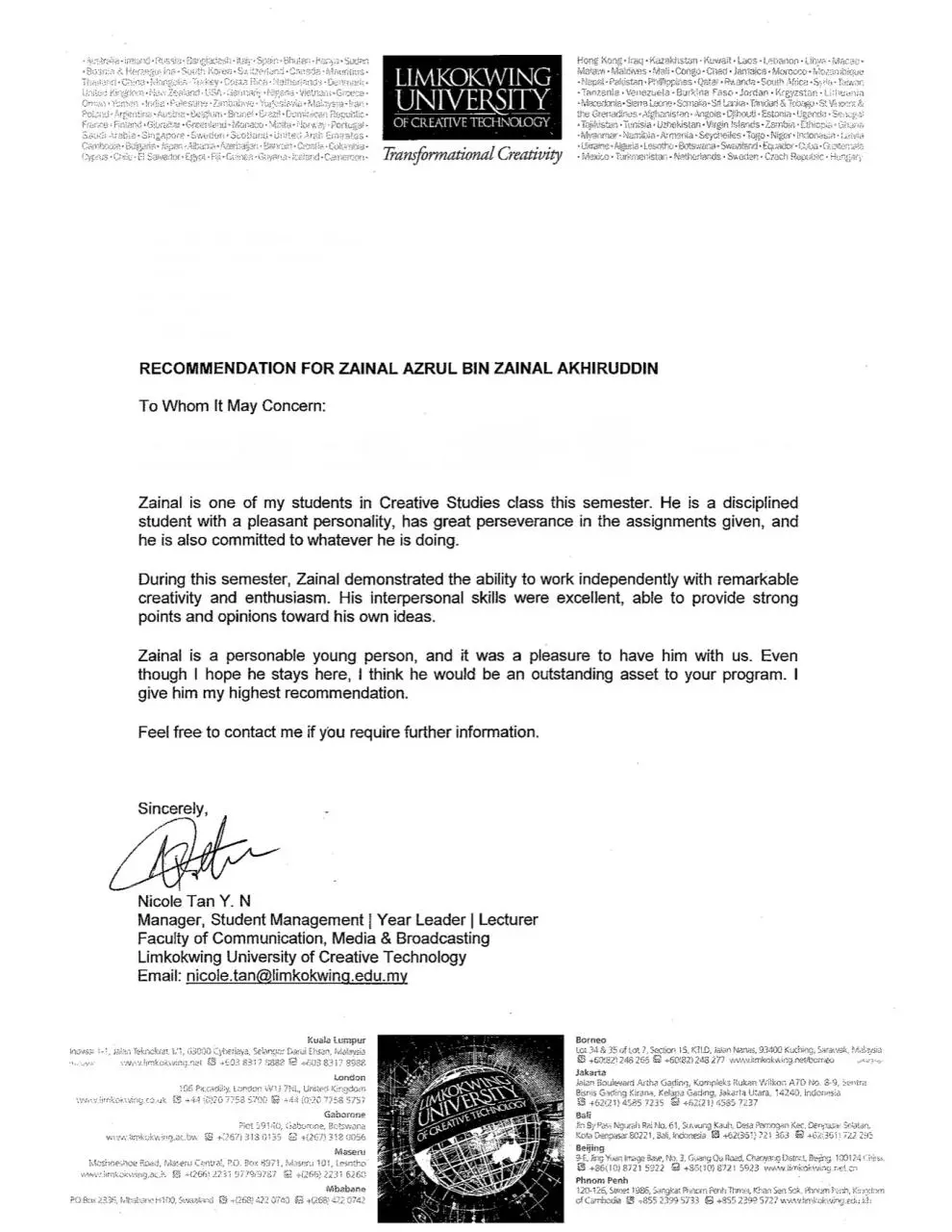 Page 1 of 1, Recommendation for Zainal Azrul