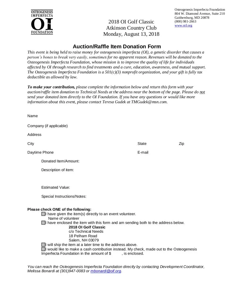 Page 1 of 1, Donation Form 2018