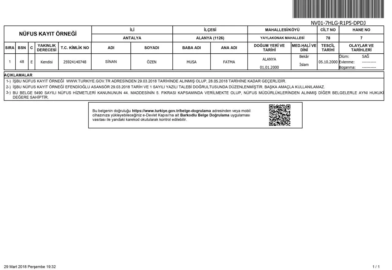 Page 1 of 1, nufus kayit ornegi (1)