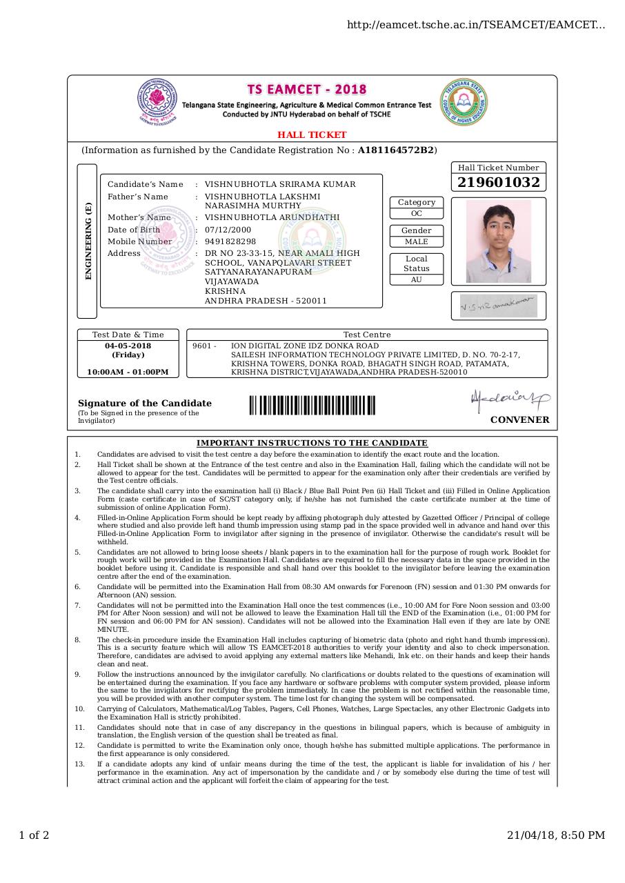 Document preview TS-EAMCET Admit Card.pdf - page 1/2
