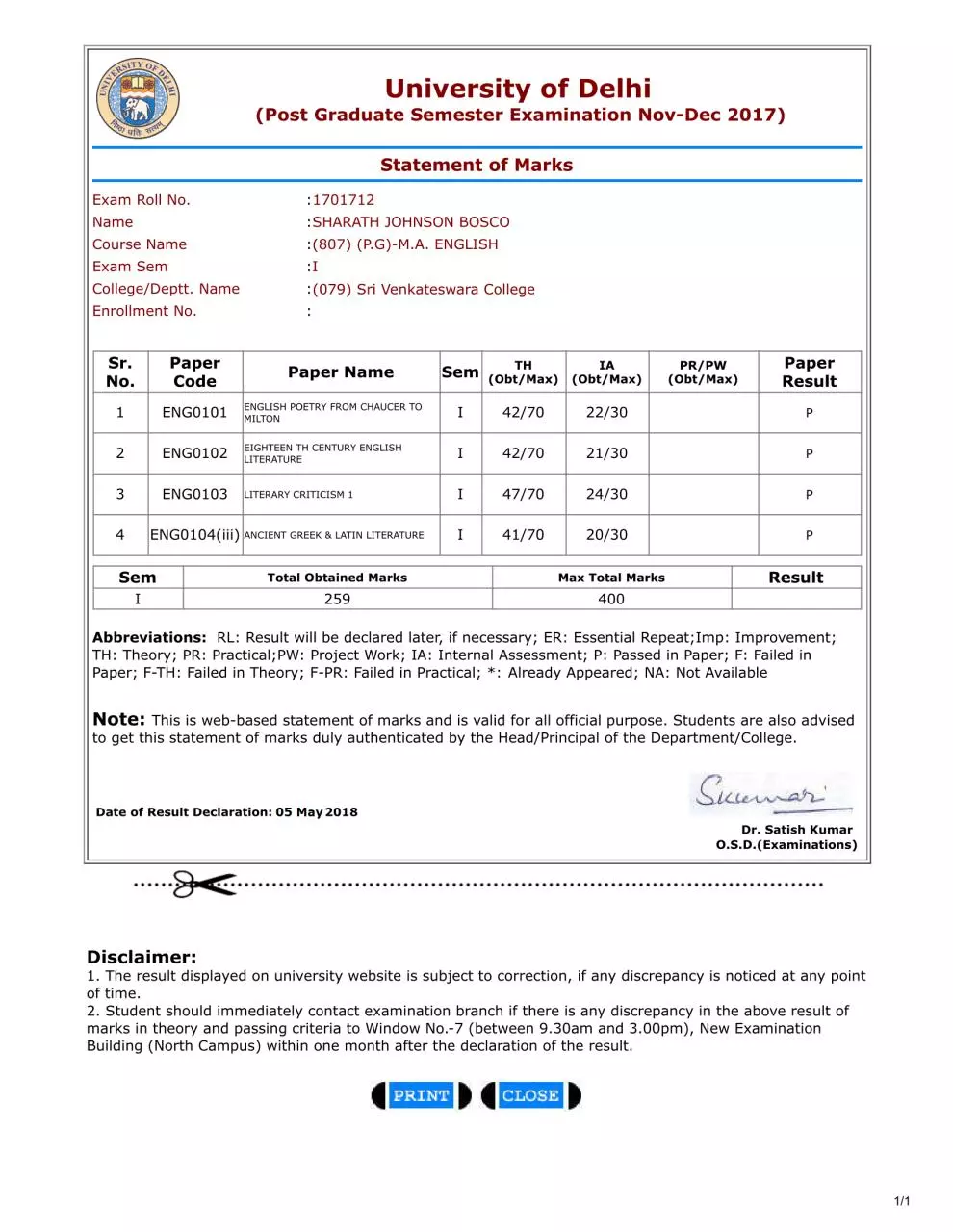 Page 1 of 1, scorecard
