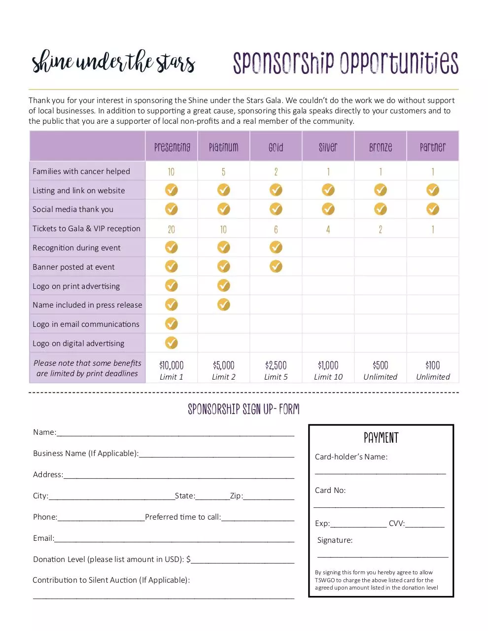 Page 2 of 2, TSWGO Gala Sponsor Sheet 2018