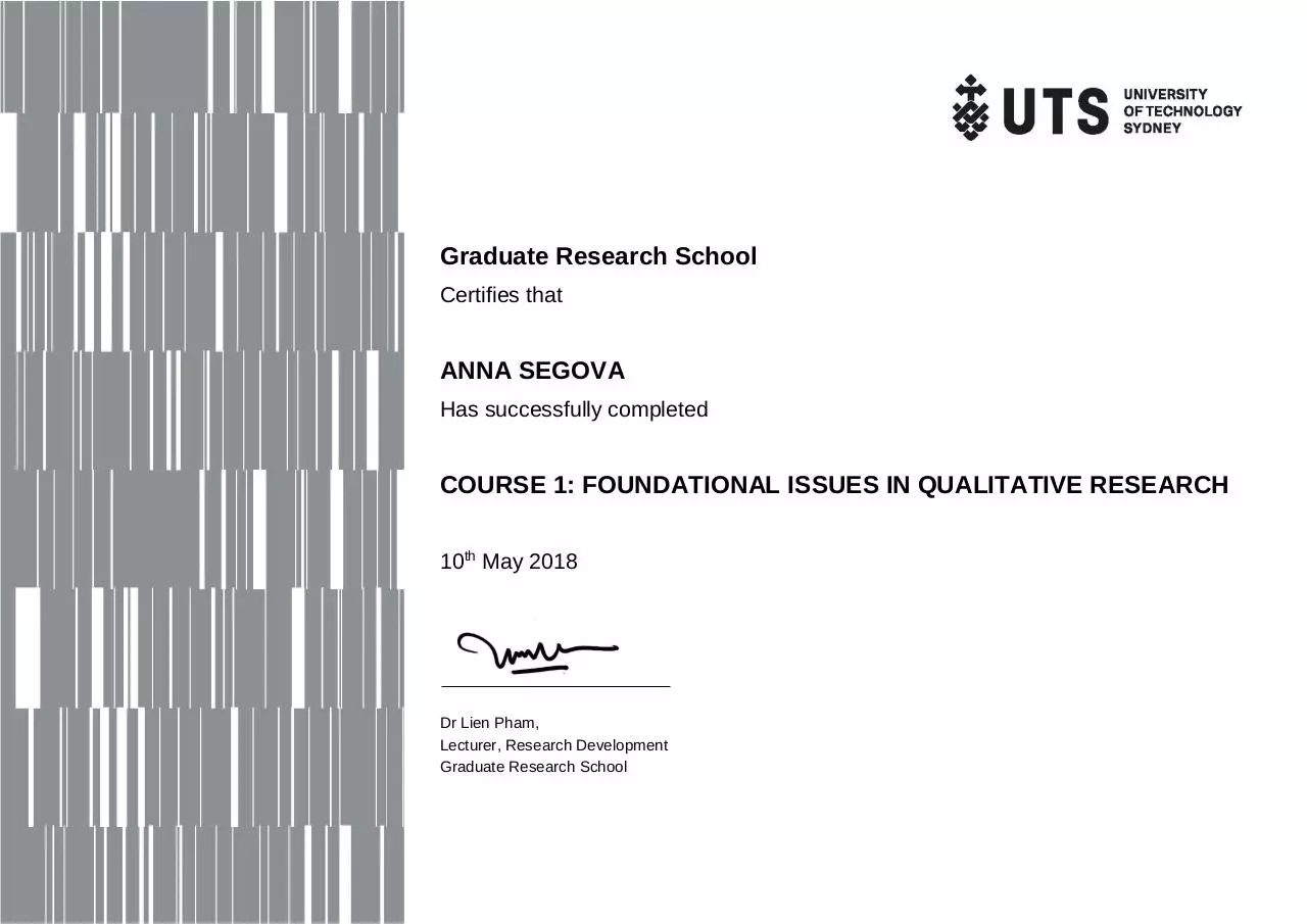 Page 1 of 1, Qualitative Research Methods%2c Course 1 Certificate for ANNA SEGOVA