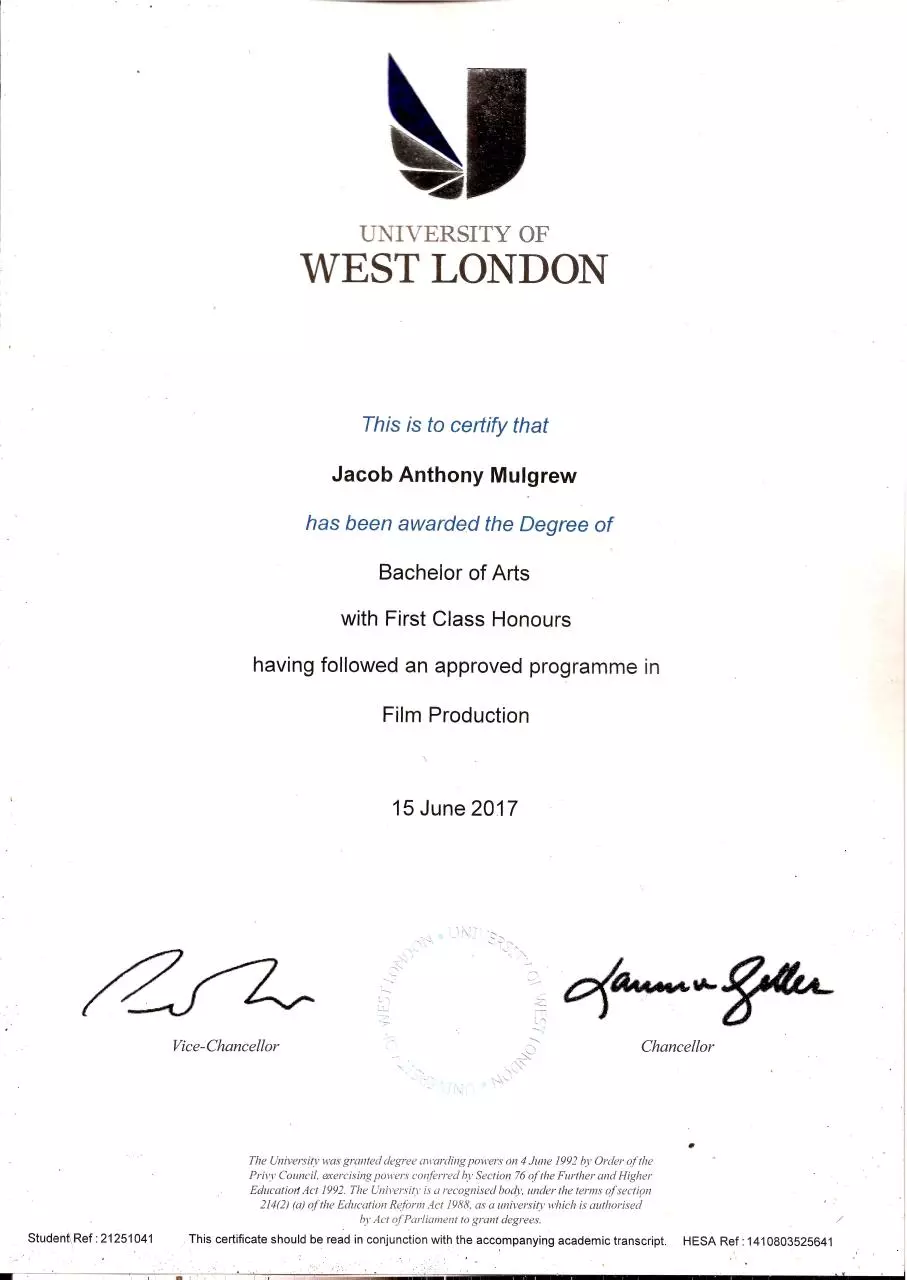 Page 1 of 1, 1st class degree with honours in Film Production