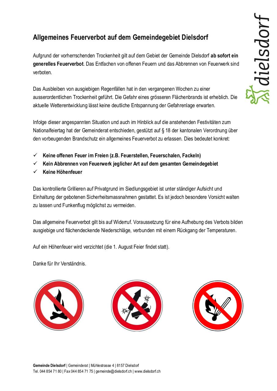 Document preview Allgemeines Feuerverbot auf dem Gemeindegebiet Dielsdorf.pdf - page 1/1
