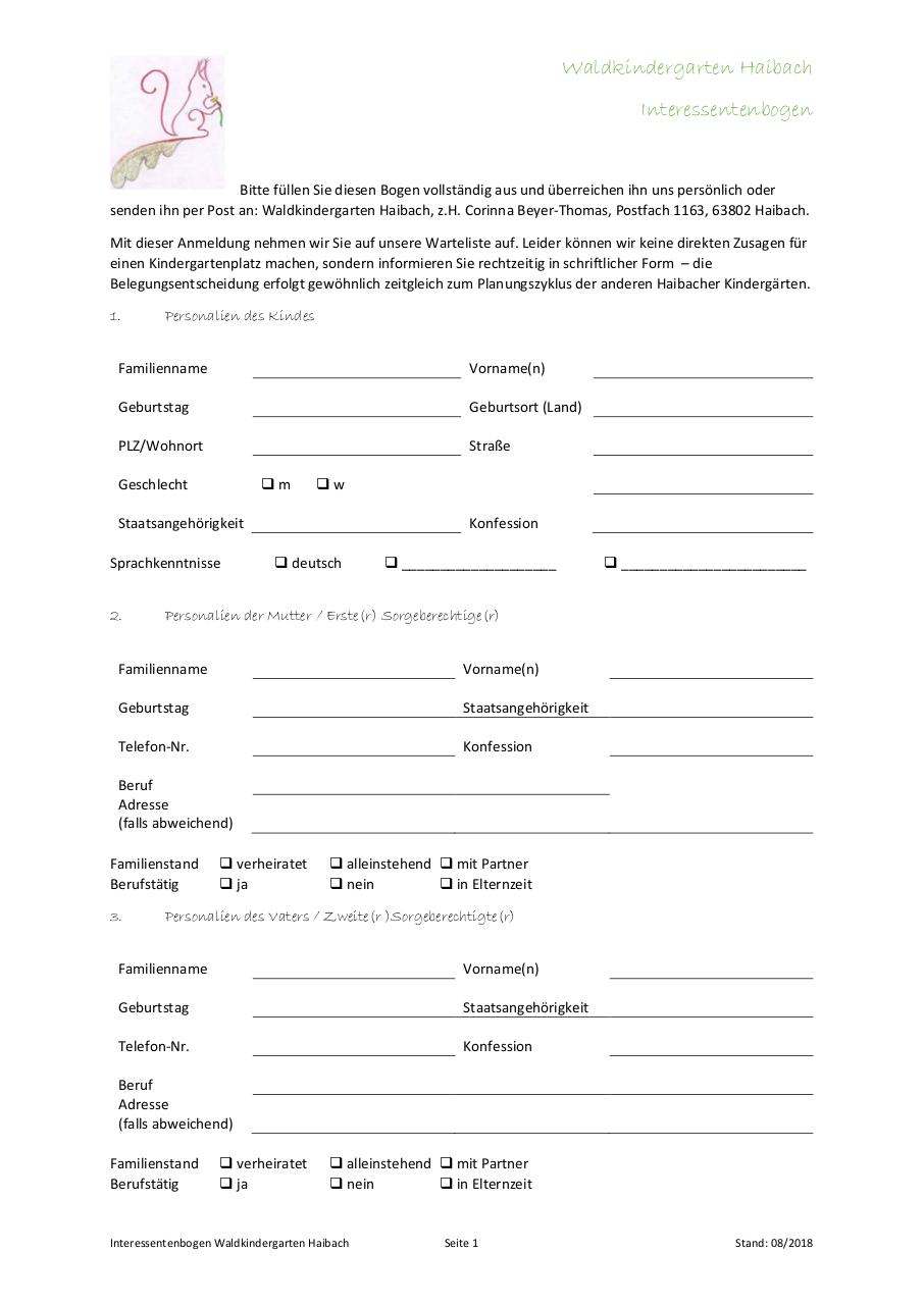 Document preview Interessentenbogen Waldkindergarten Haibach_2018-08.pdf - page 1/3