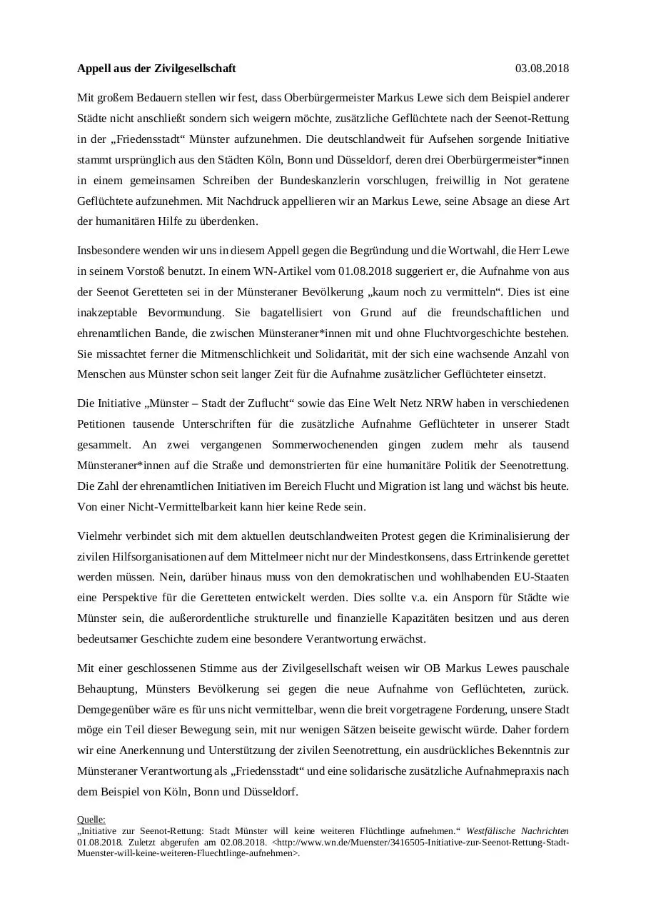 Page 1 of 8, Appell aus der Münsteraner Zivilgesellschaft Seenotrettung