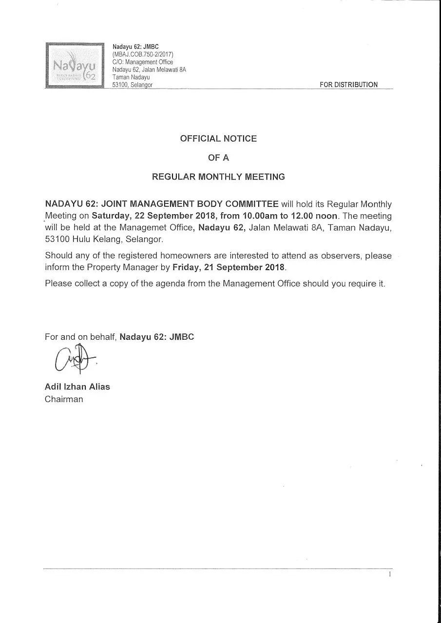 Page 1 of 1, Notice for Monthly Meeting 18.09.18