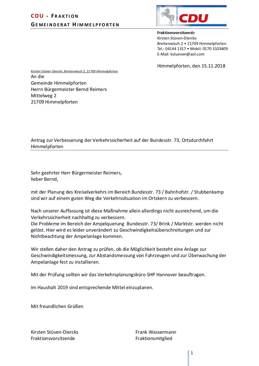 Page 1 of 1, Antrag Verkehrssicherheit B73 Nov.2018
