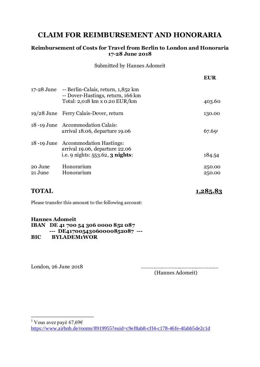 Page 1 of 1, CLAIM FOR REIMBURSEMENT AND HONORARIA