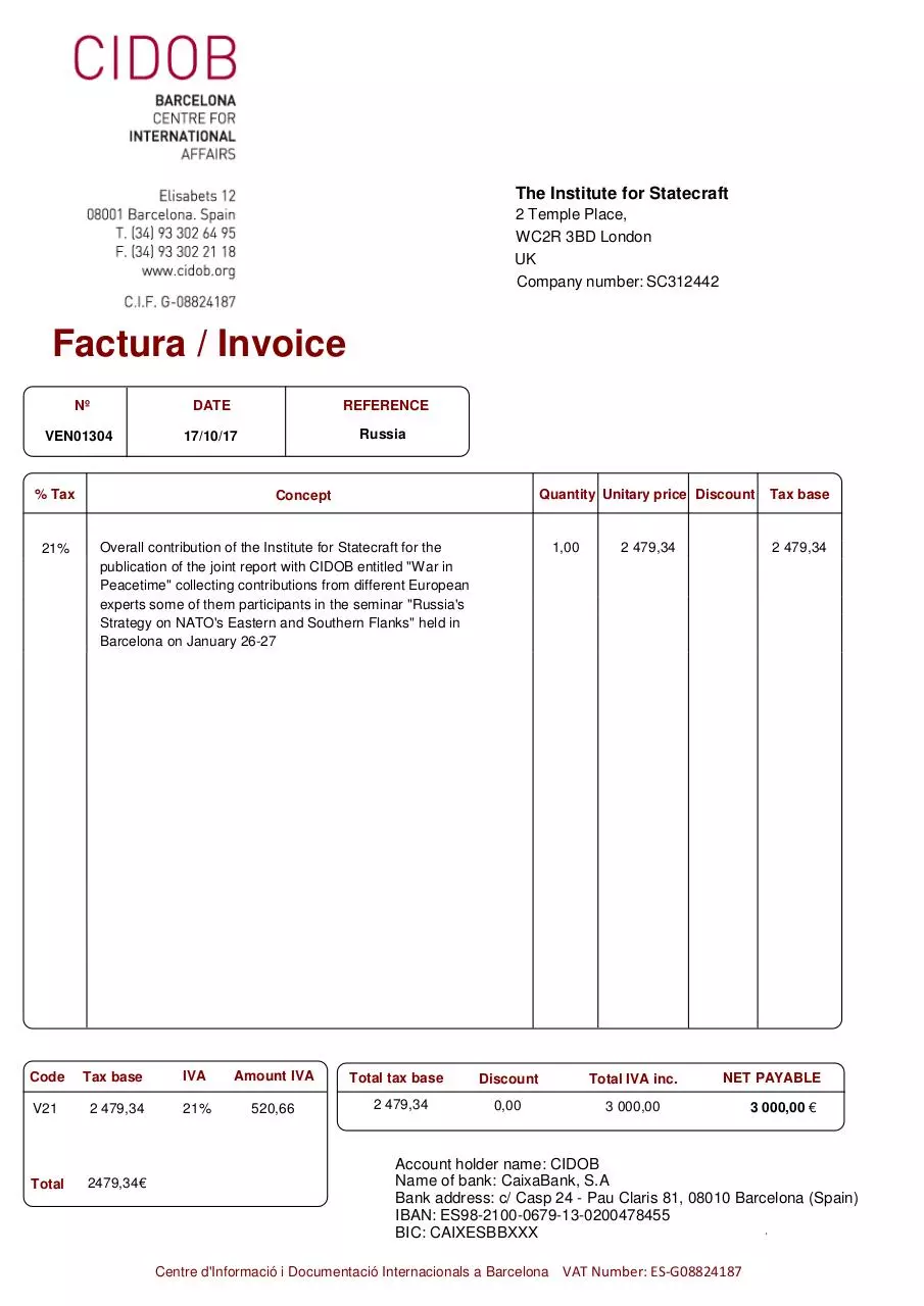 Page 1 of 1, #Factura N VEN01304 The Institute for Statecraft