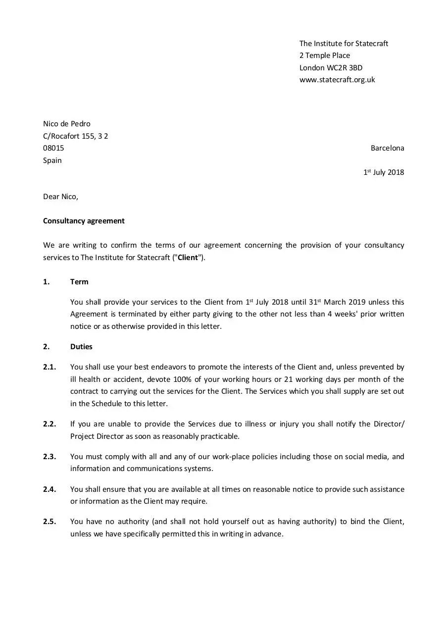Page 1 of 8, Nico de Pedro (Consultancy Agreement)