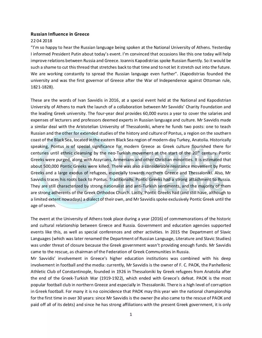 Page 1 of 8, Russian Influence in Greece [FINAL]
