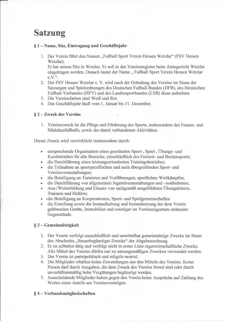Page 1 of 10, Satzung FSV Hessen Wetzlar