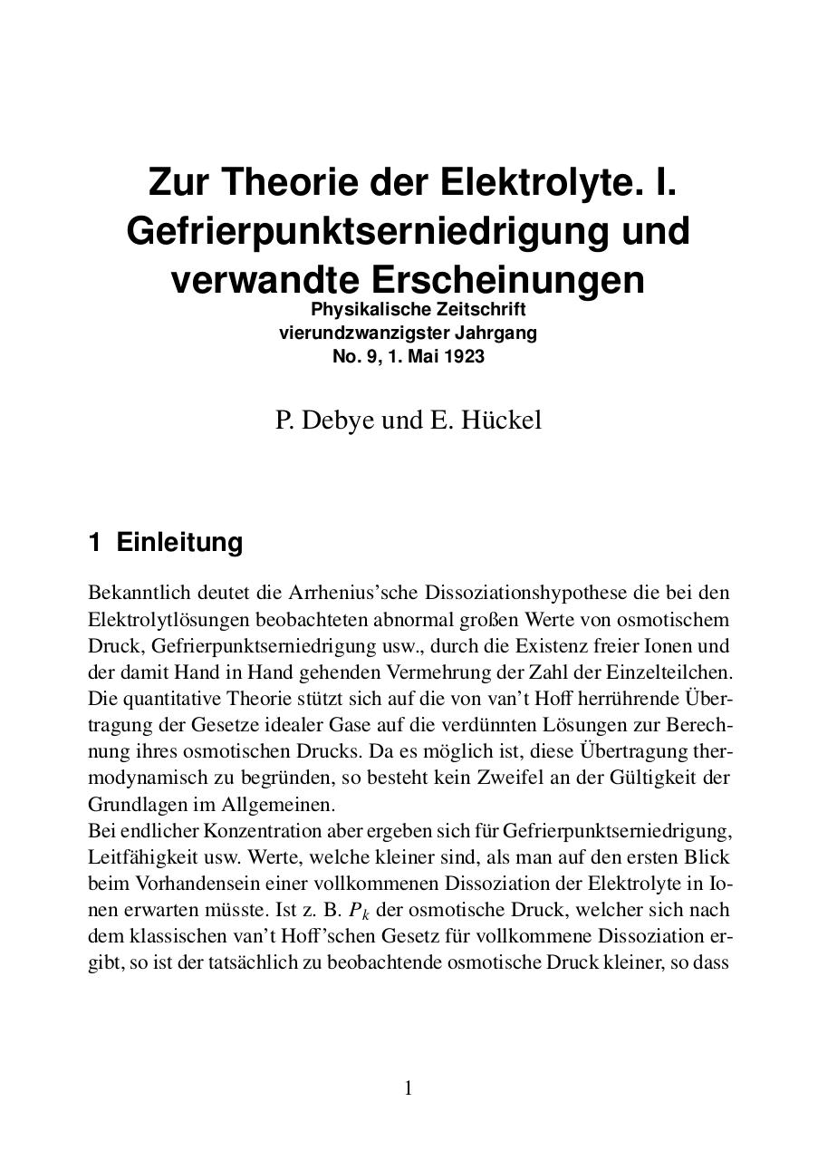 Zur Theorie der Elektrolyte I. P. Debye und E. HÃ¼ckel (1923). Physikalische Zeitschrift.pdf - page 1/124