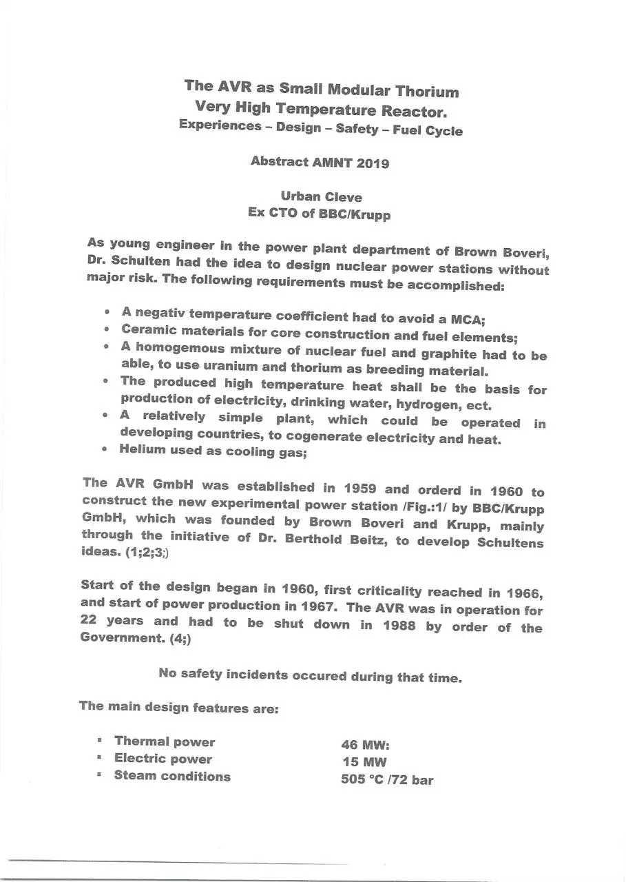 Page 2 of 6, The AVR as Small Modular Thorium Very High Temperature Reactor