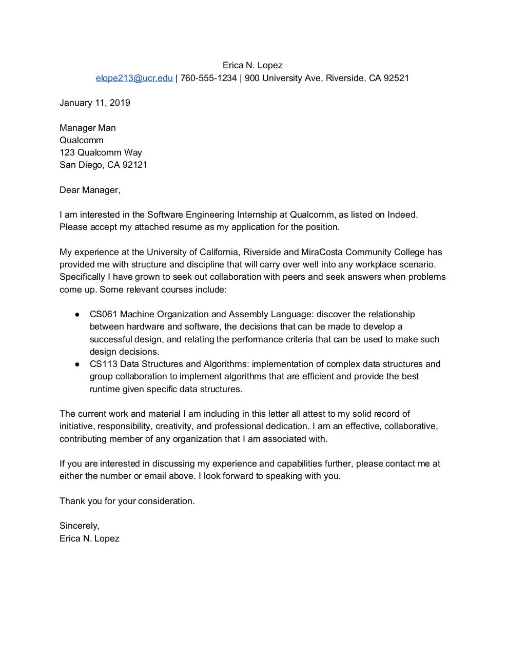Page 1 of 1, Cover Letter Erica Lopez
